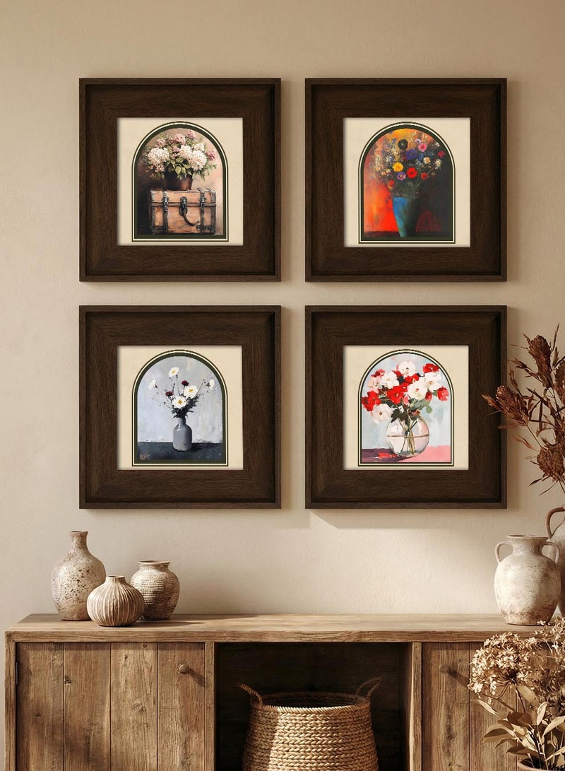 LOWHA Set of 4 Canvas Wall Art Stretched Over Wooden Frame with Vintage Brown Floating Frame and Floral Vessels Design - Image 5